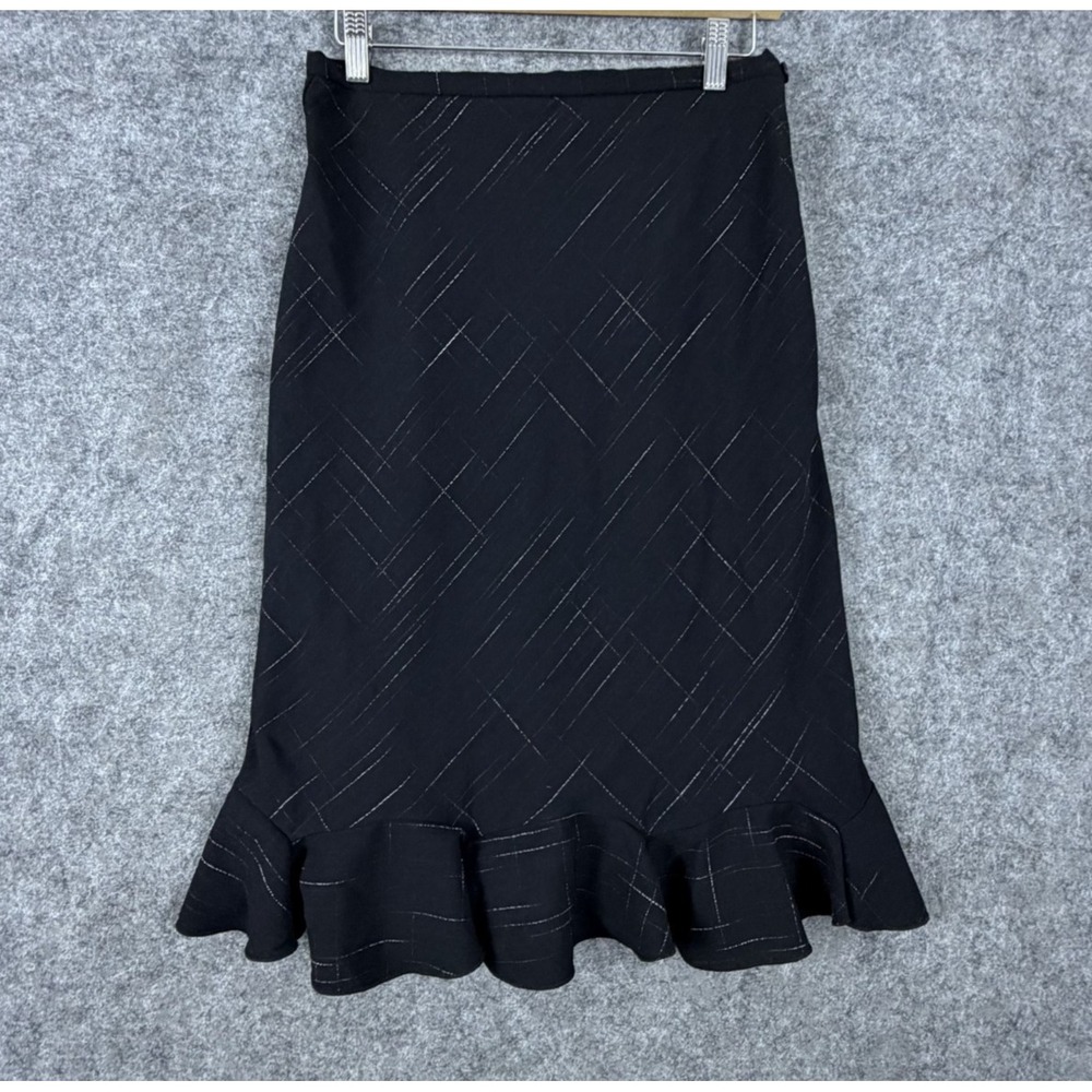 Michele Pencil Skirt Women 8 Black Metallic Ruffle Hem Career Office Siren